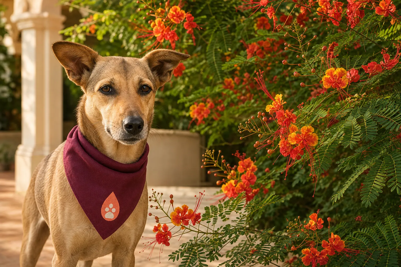 A Cesalpino donor dog beside vivid Caesalpinia pulcherrima flowers in warm evening light