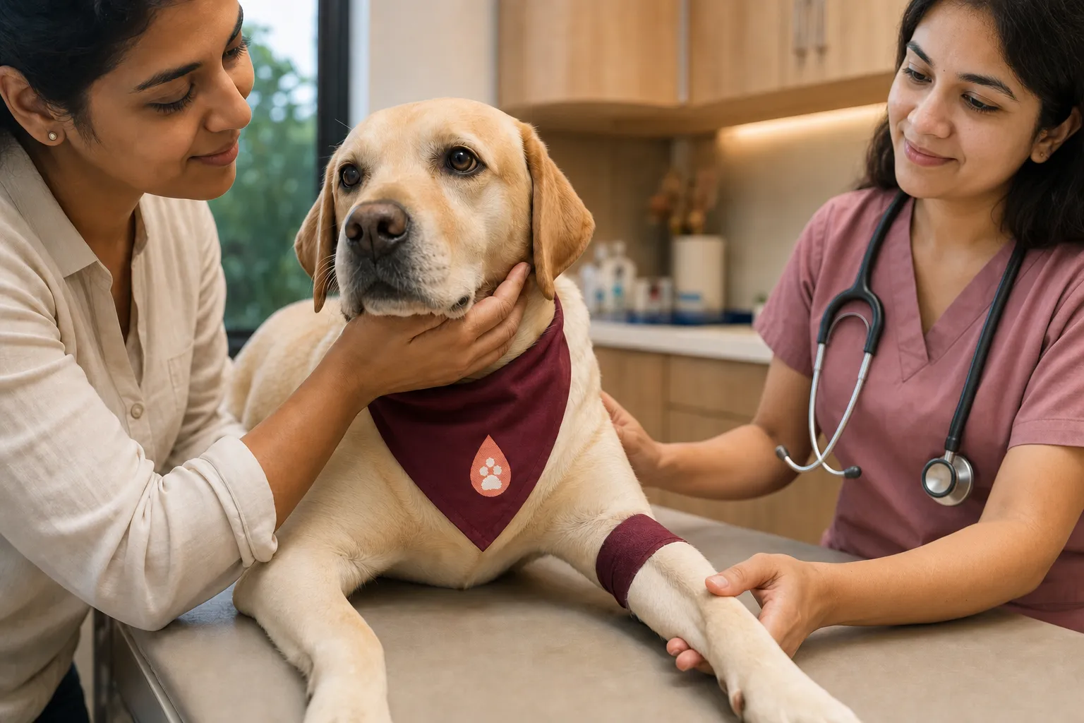 A relaxed Cesalpino donor dog wearing a branded cape during a calm veterinary visit