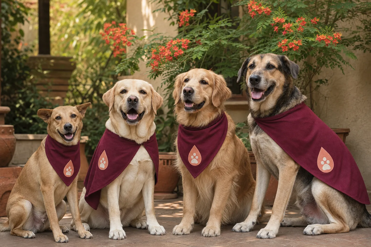 A warm gathering of Cesalpino donor dogs wearing branded capes and bandanas with their families