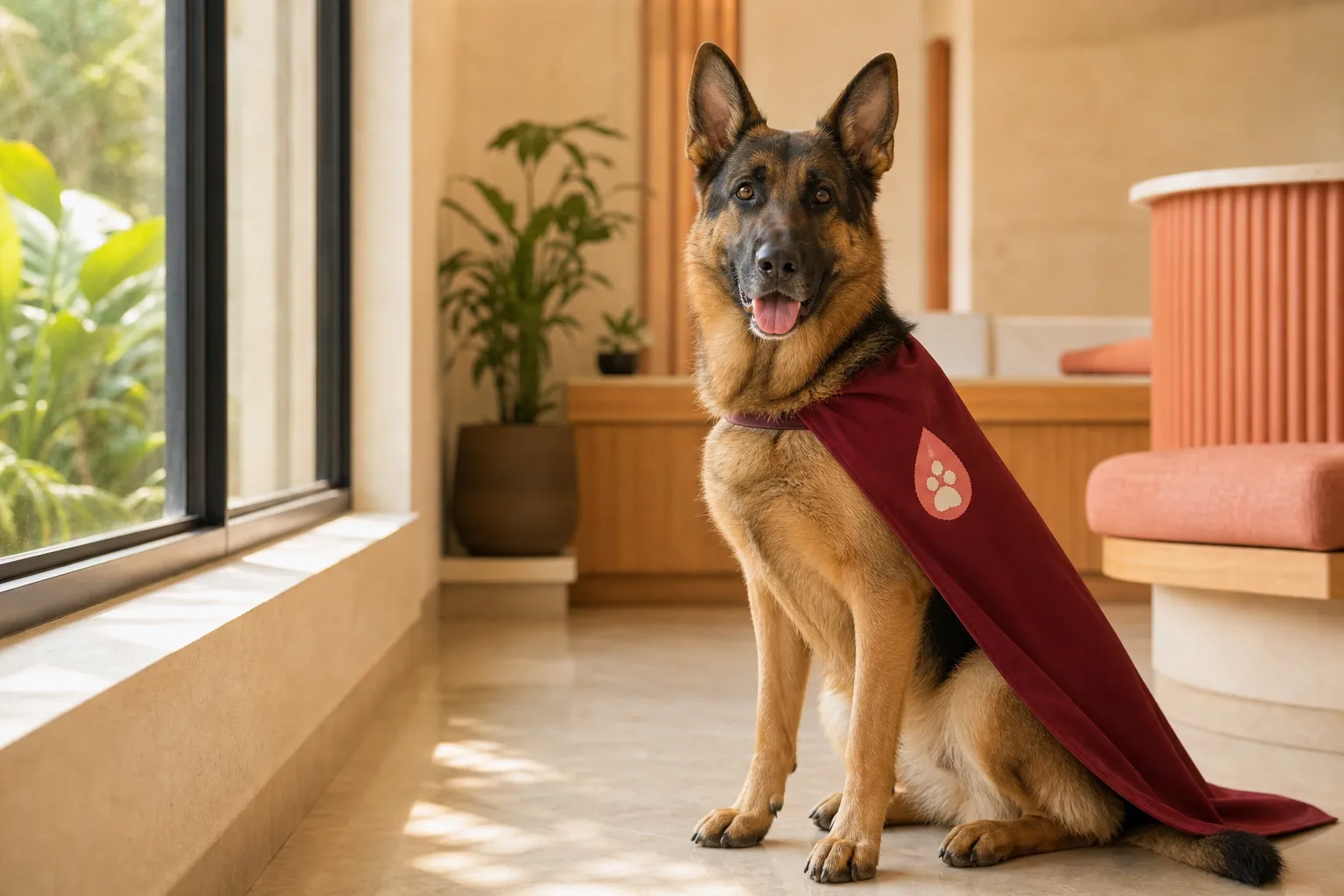 Kira, a German Shepherd, wearing Cesalpino donor colours