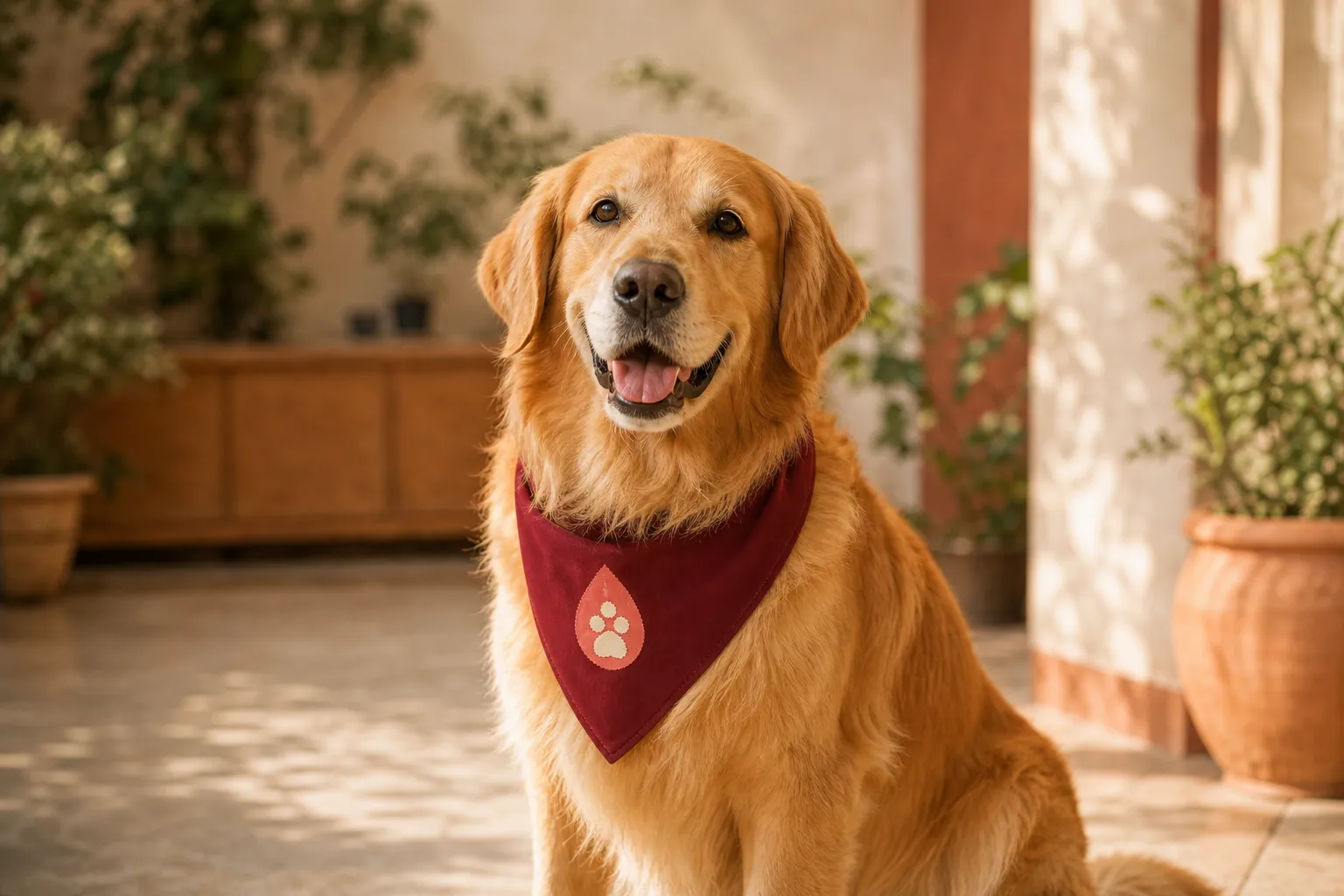 Milo, a Golden Retriever, wearing Cesalpino donor colours