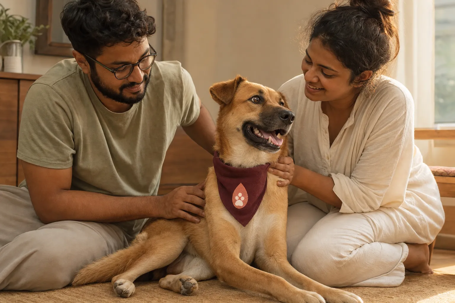 A recovering dog resting comfortably at home with a Cesalpino bandana and their family nearby