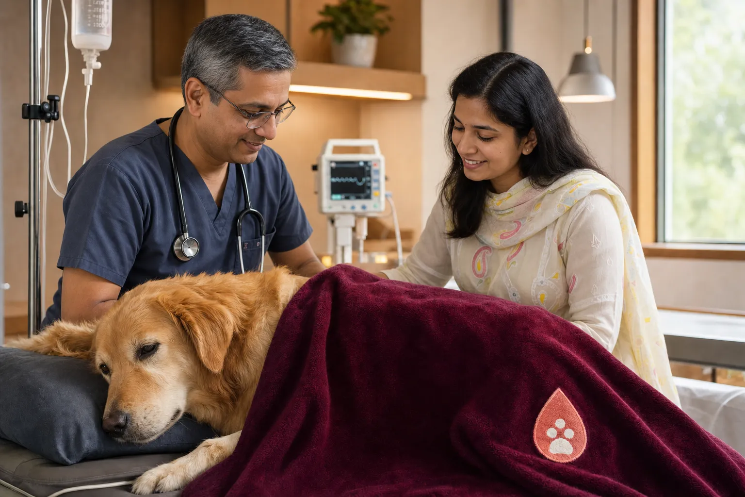 A veterinary team closely monitoring a canine patient during a Cesalpino-supported transfusion