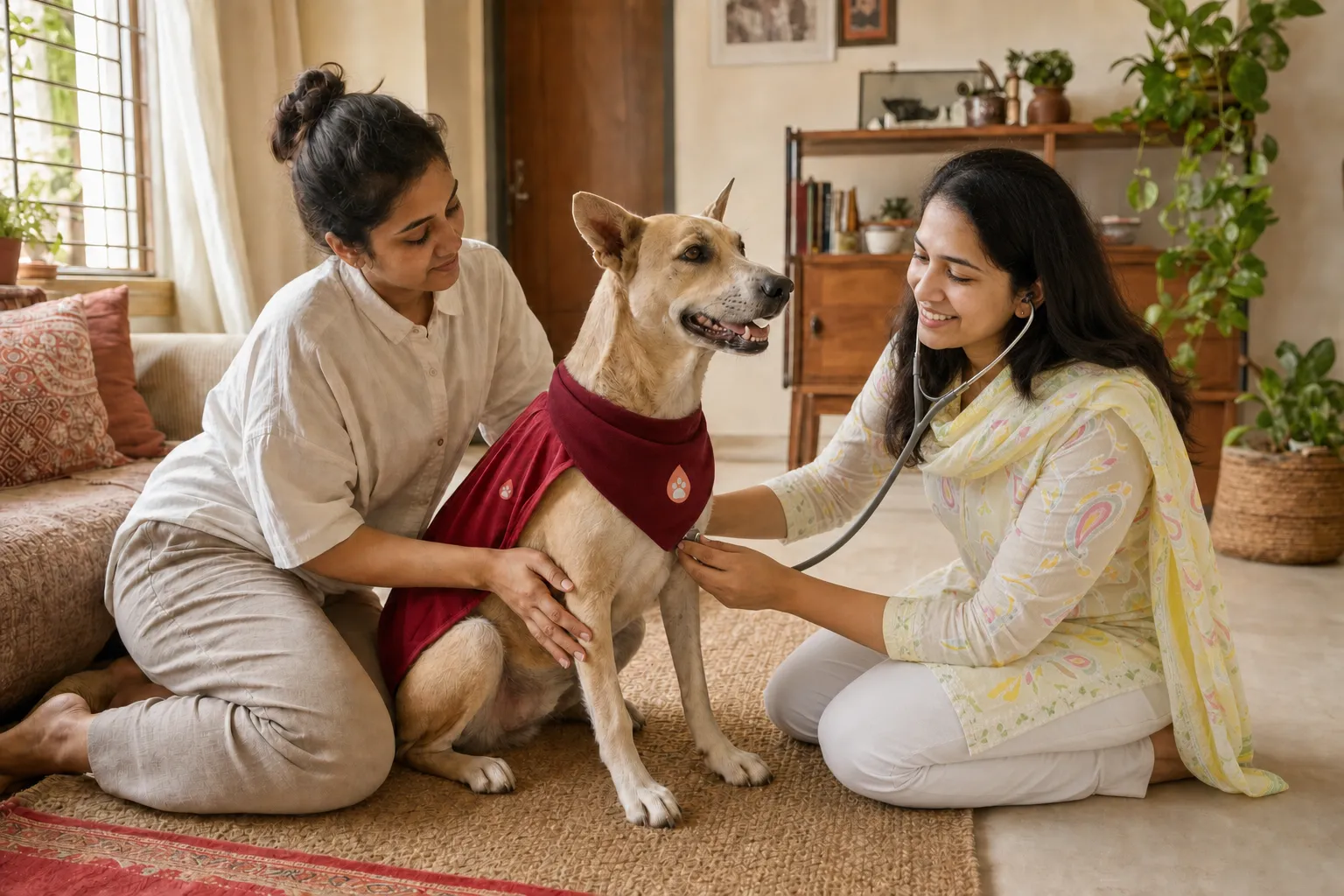 A Cesalpino veterinarian meeting a calm donor dog at home while the family stays close