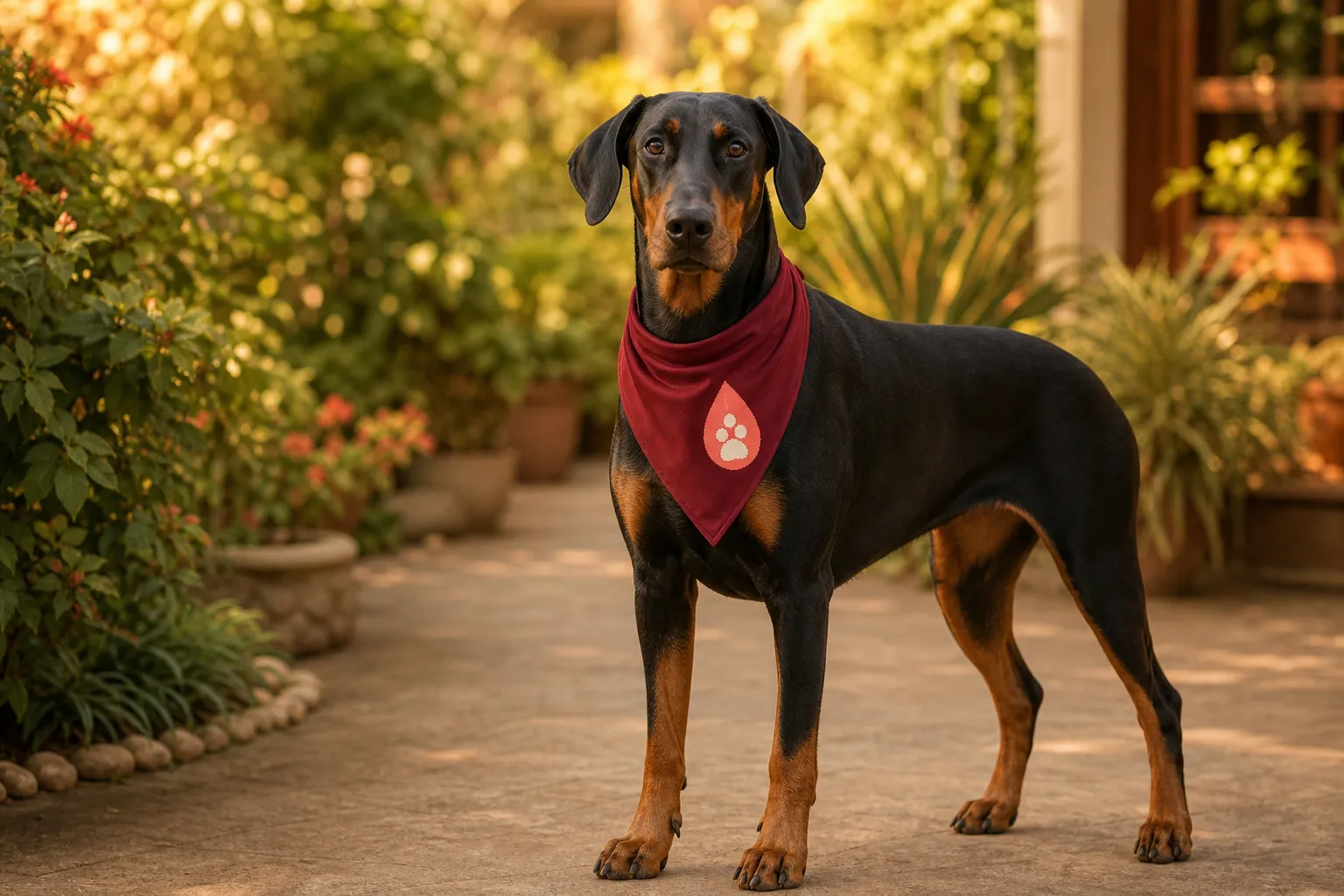 Zoya, a Doberman, wearing Cesalpino donor colours